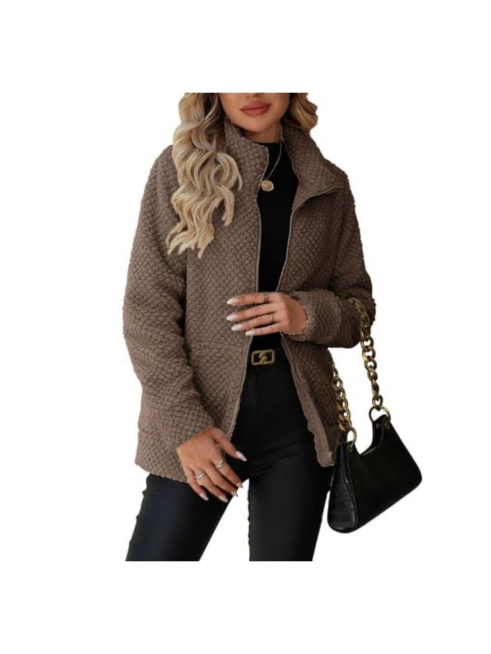 Women's Full Zip Fleece Sherpa Jacket with Pockets Long Sleeve Stand Collar